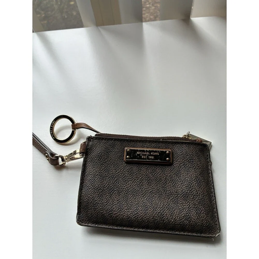 Michael Kors Brown Wristlet - MK Logo- ID Window- Zip Compartment- Pre-Owned